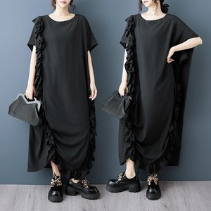 大きいサイズ 新品 春夏 フリル ロングワンピース モード 体型カバー 黒