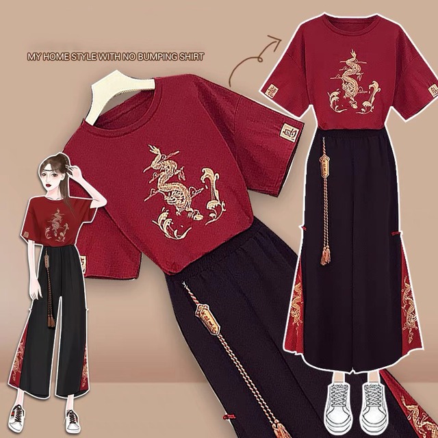 【之】★チャイナ風衣装セット★龍 レッド ホワイト ブラック 刺繍 中国風 vintage ファッション kore