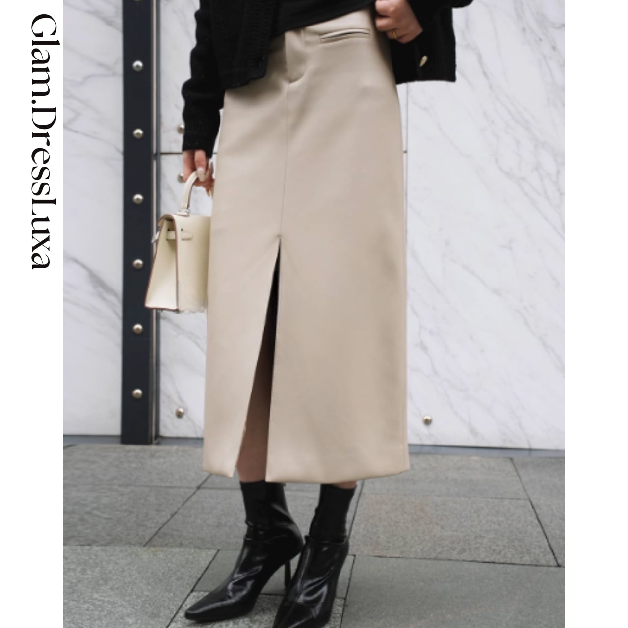 PUレザー スリット セミタイトスカート_S201