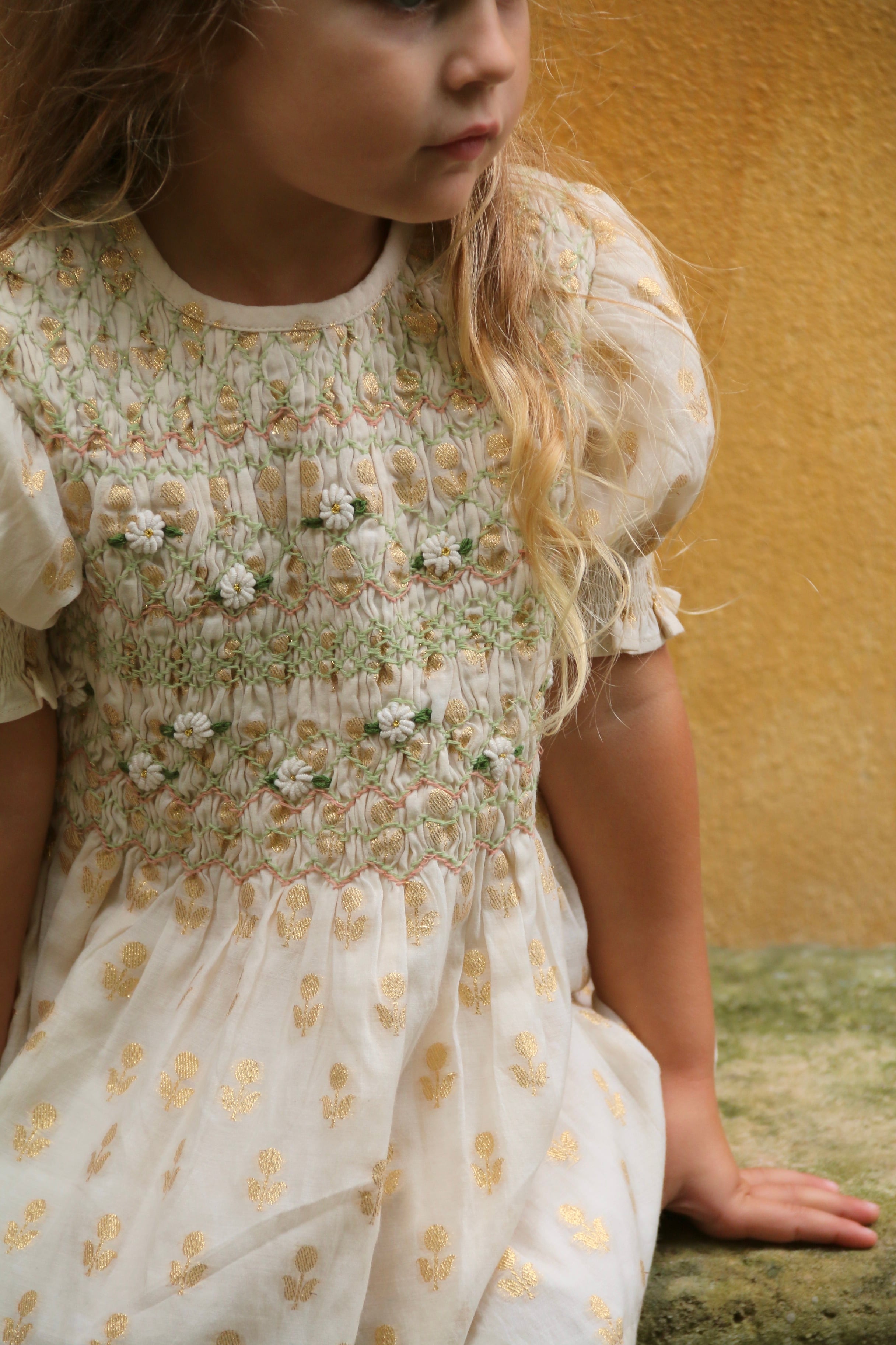 Smocks blouse short sleeves Flowers lurex ecru Chanderi 2y,4y,6y