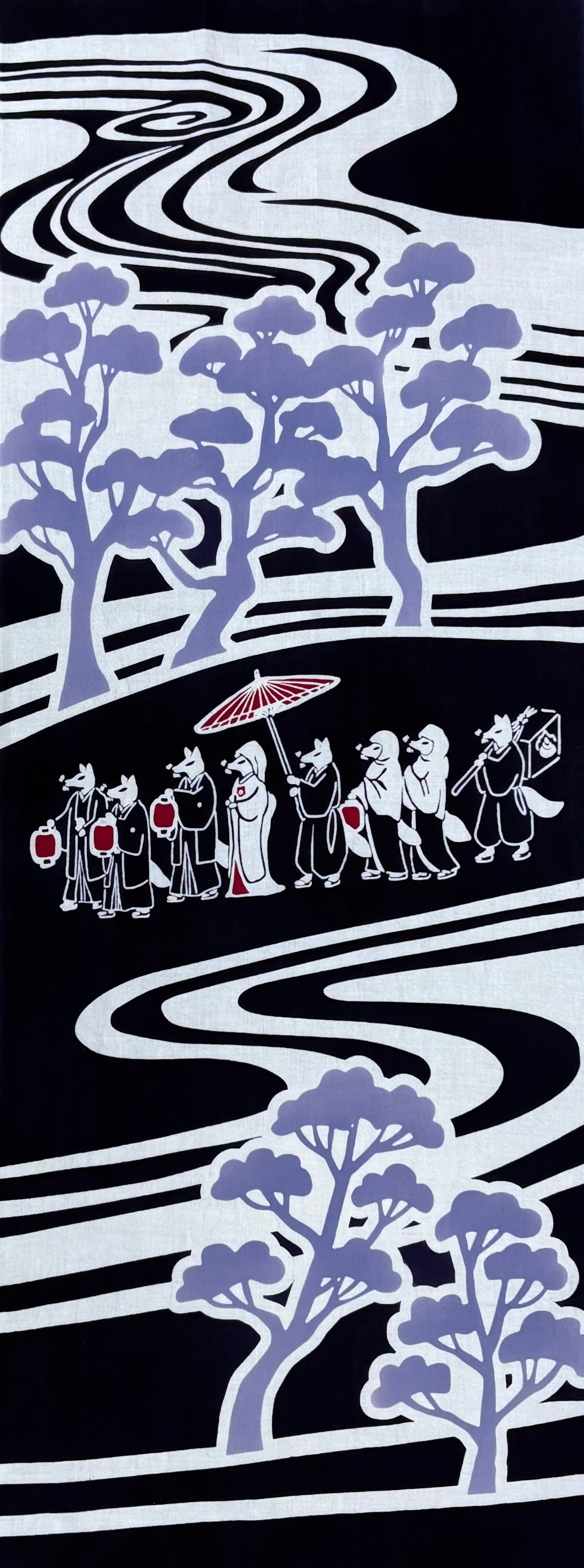 注染手拭い「狐の嫁入り」濃紺 | 染工房ユキヤオンラインショップ