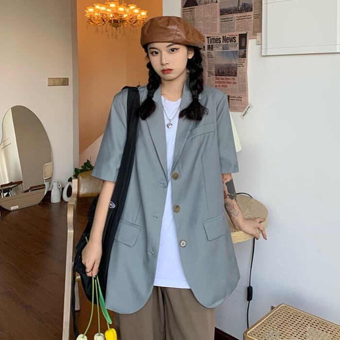 サマースタンダードカジュアルグレールーズカーディガンジャケット ワイドレッグ レトロ 夏物 ワイドパンツ ケッペル61957765035