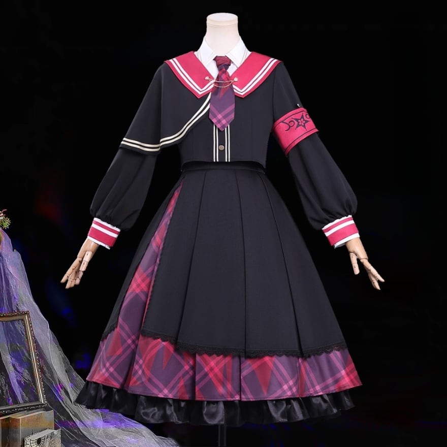 魔法少女 セーラーロリータ10点フルセット|黒×赤ピンク大型襟|チェック
