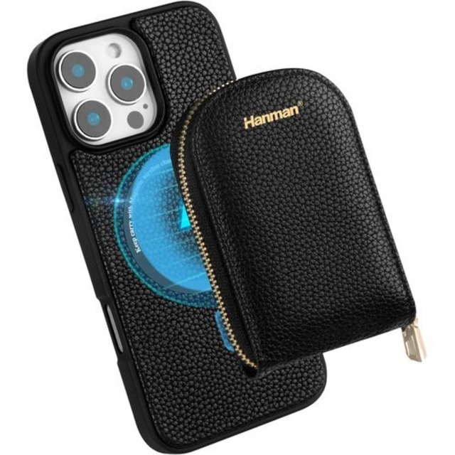 HanmanのMagSafe Wallet Case for iPhone 16 Pro、RFIDブロッキングPUレザージッパー財布磁気カバーは、iPhone 16 Proに適しています。また の磁気ウォレットカードホルダーケースです-くろいろ 3274