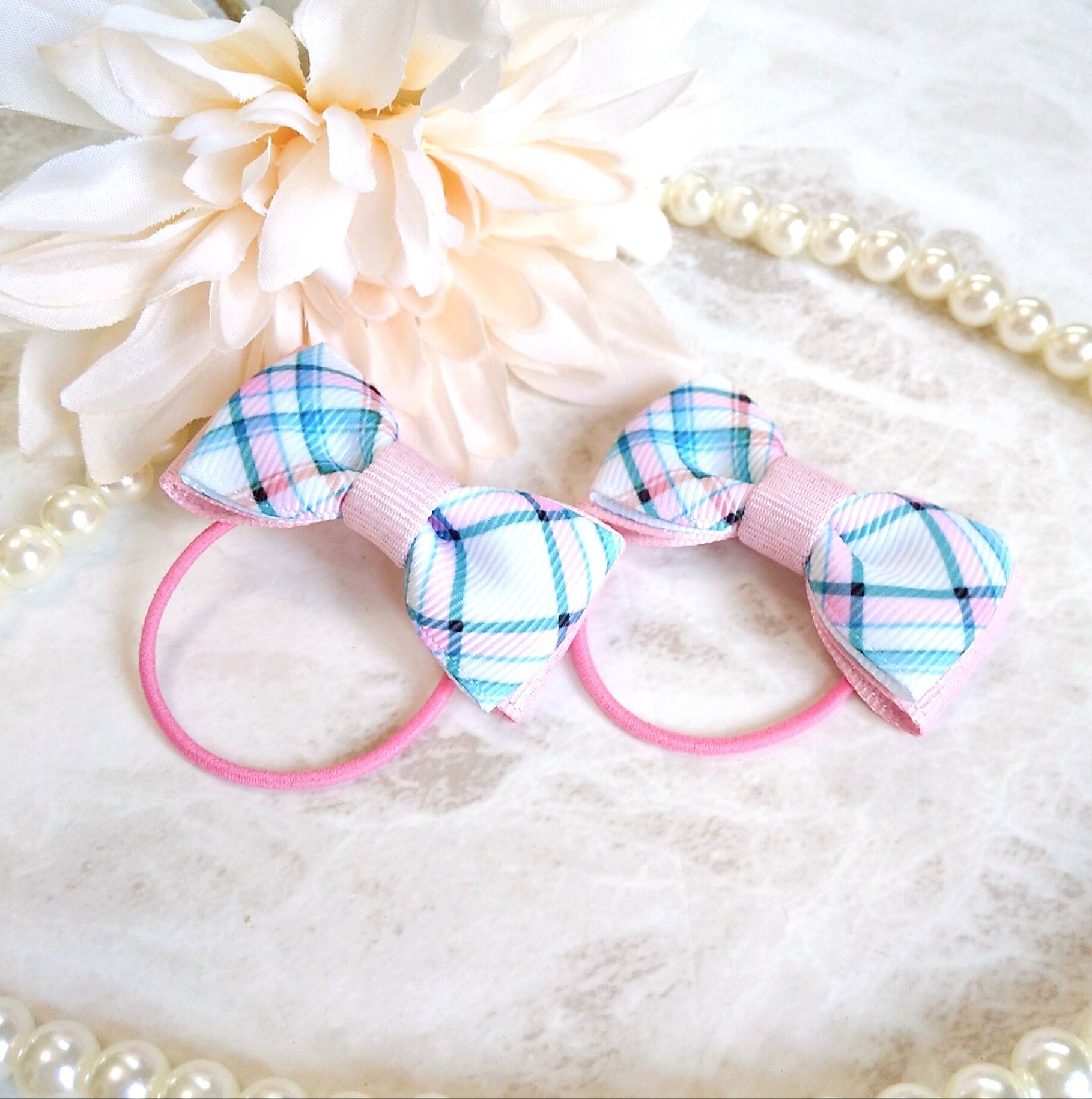 ぷちヘアゴム】 アイドル風 チェックピンクのリボン 2個セット