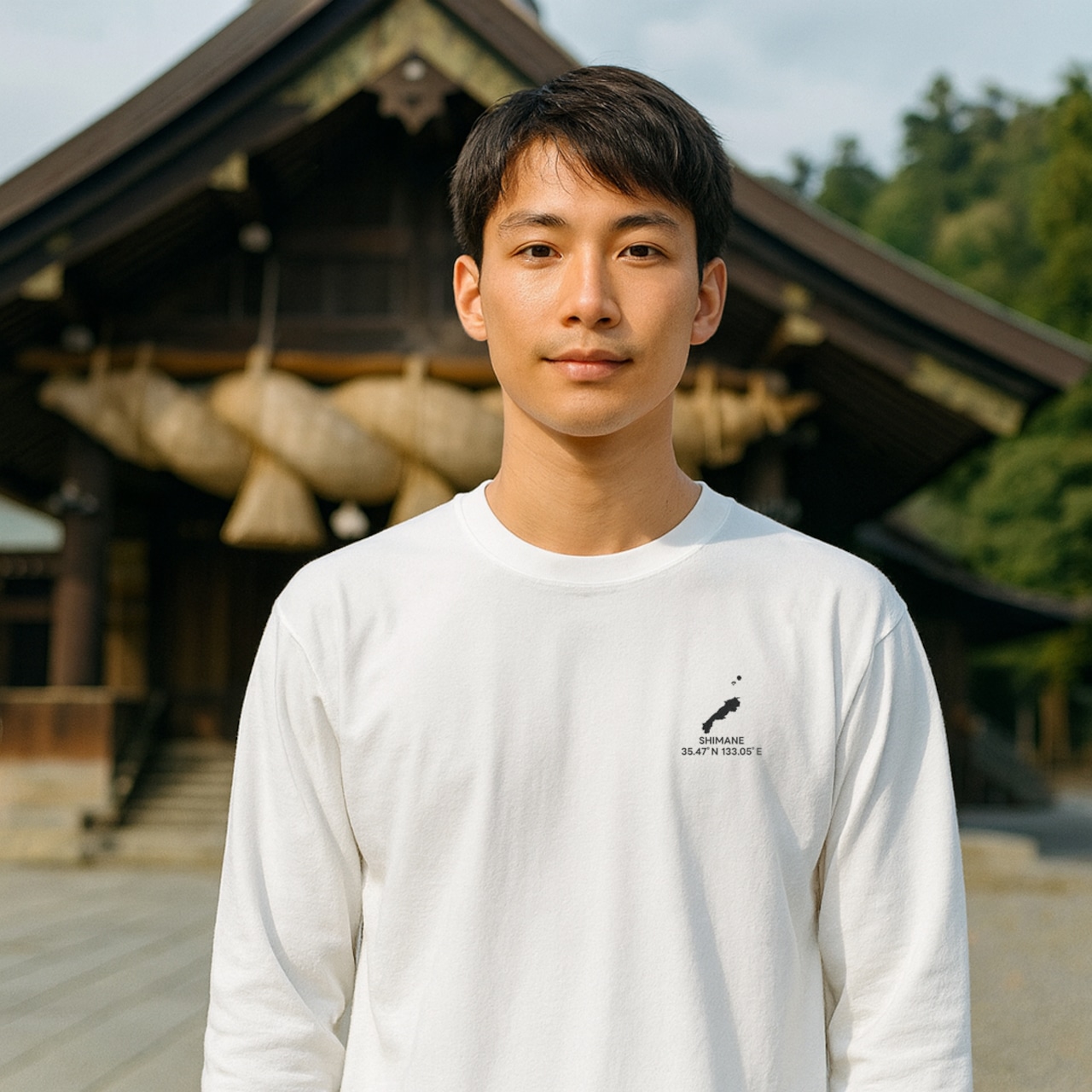 《島根》 緯度経度ミニマルロングスリーブTシャツ|地図×地名×ワンポイントデザイン