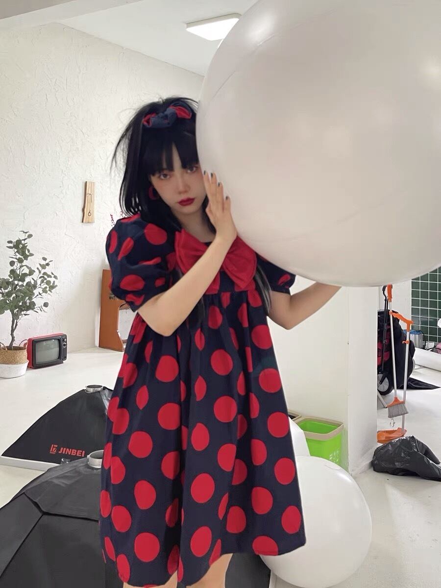 ワンピース ゆったり 赤 黒 リボン ドット 水玉 ワンピース リボン
