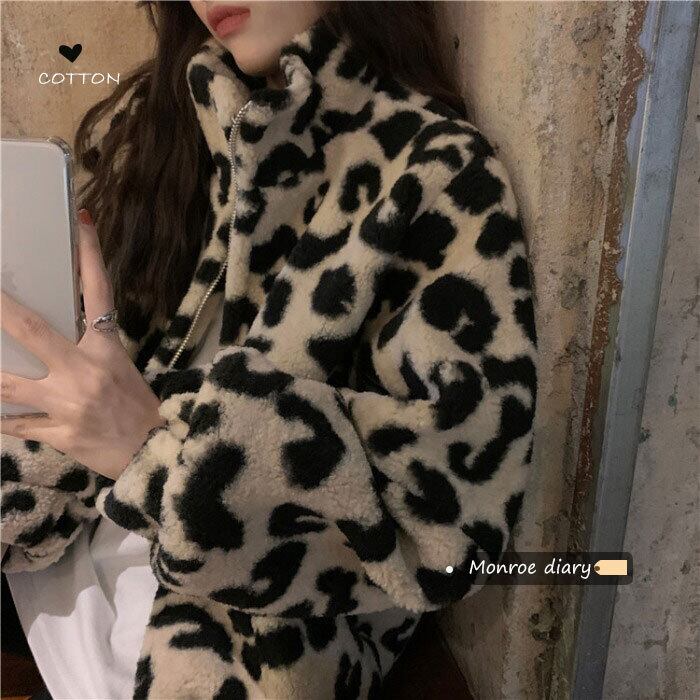 スタンダードレオパードプリント柄ルーズジャケット ウィンターベルベットスタンドカラーカラー コットン レトロ 冬物 モンロー97335794625