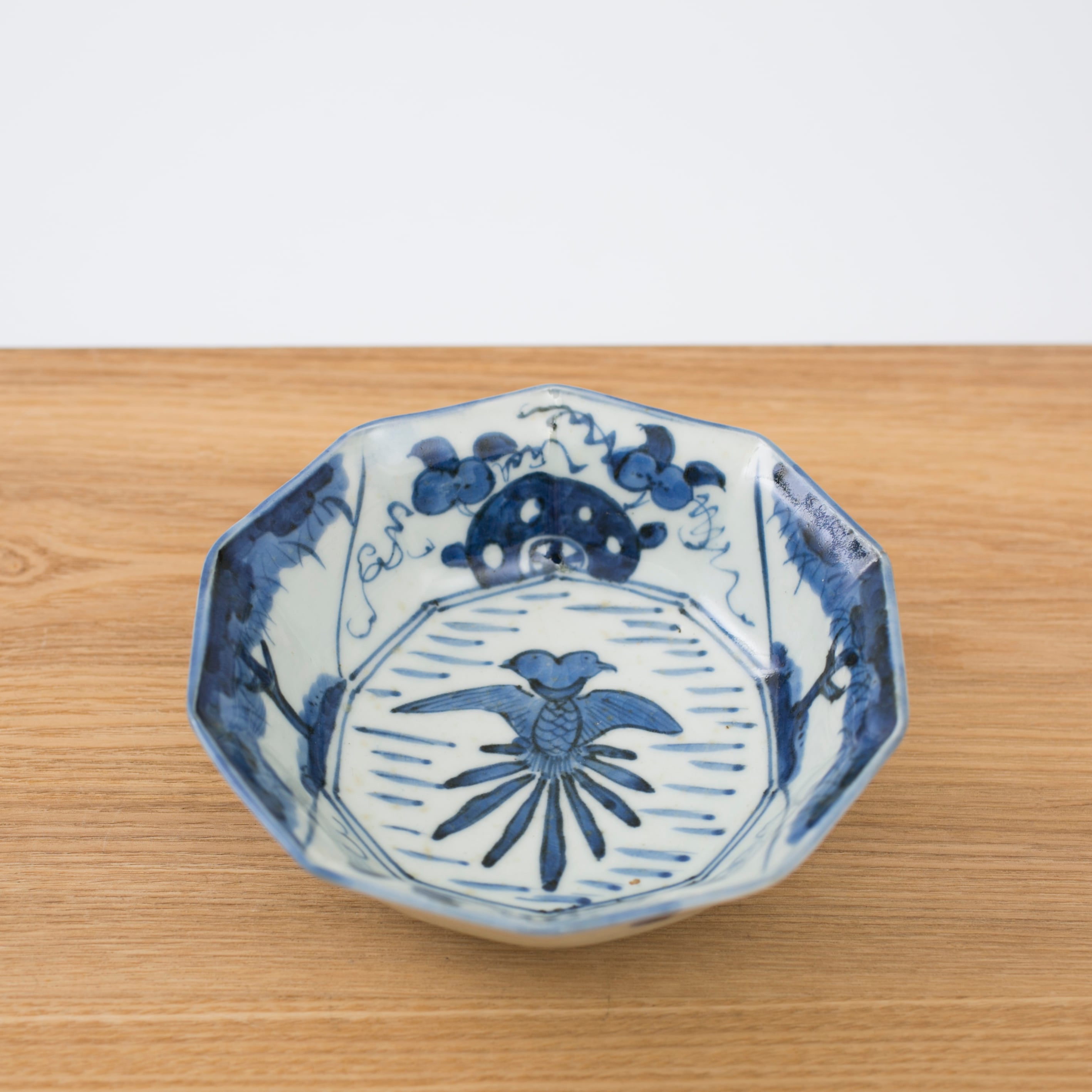 珍品】古伊万里 染付 線描 三足 桃形 銘々皿 十客 木箱（