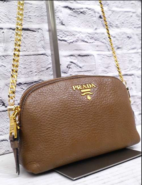 【美品】PRADA プラダ VITELLO DAINO ヴィッテロダイノ チェーンストラップ クロスボディ レザー ショルダー バッグ ポーチ 茶◆人気モデル
