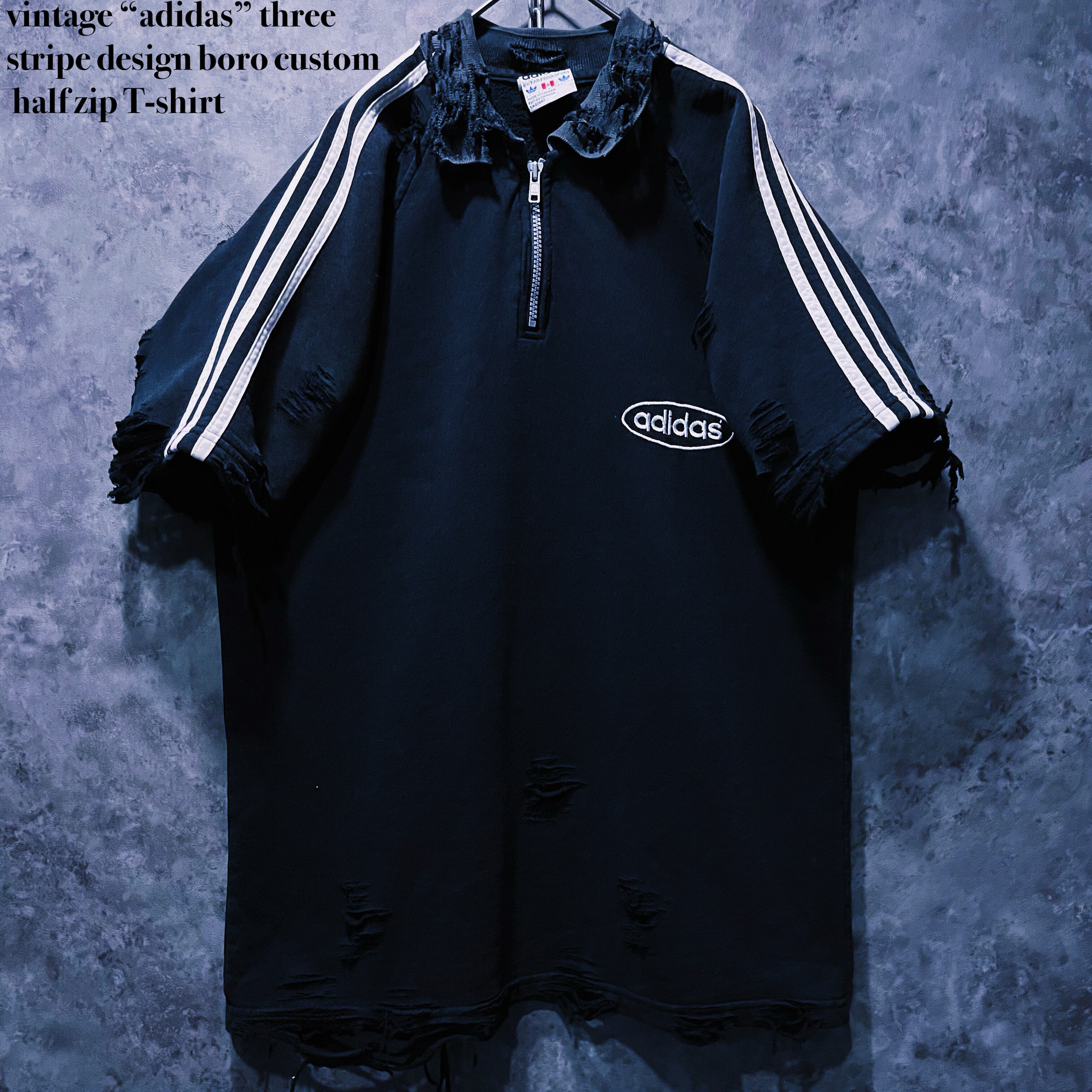 【doppio】vintage “adidas” three stripe design boro custom half zip T-shirt