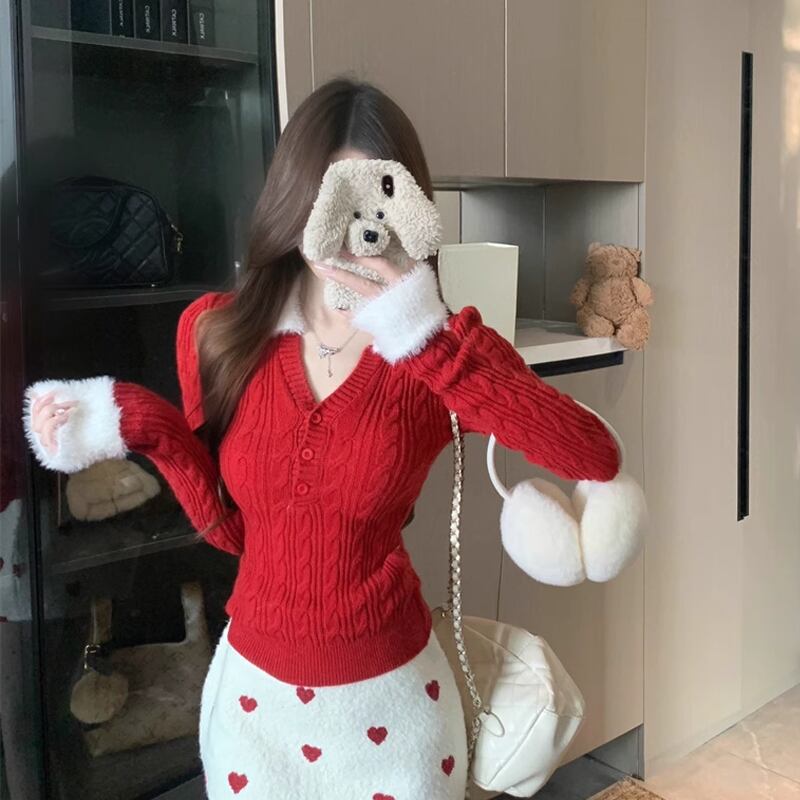 【tops】ファードッキングニットトップス Q7627