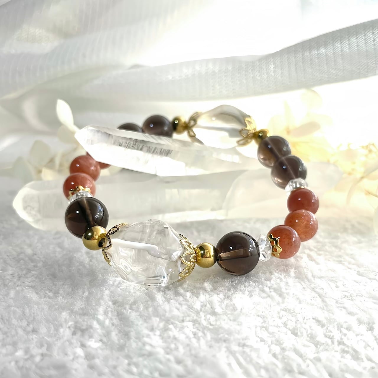 【1点もの】A gift from the sun god サンストーン×スモーキー×水晶ブレス