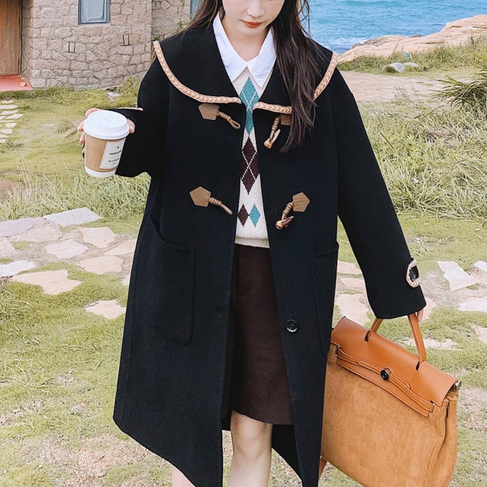 ビッグカラーダッフルコート 襟付きロングダッフルコート レディース