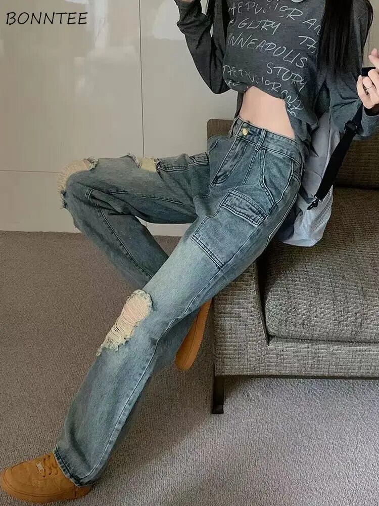 【新作】【送料無料】 ジーンズ レディース シンプル ホール シック 韓国スタイル オールマッチ ドゥ オールド レジャー ワイドレッグ 春 ハイストリート デザイン ヴィンテージ 女性 居心地の良い 日常 0251835529927