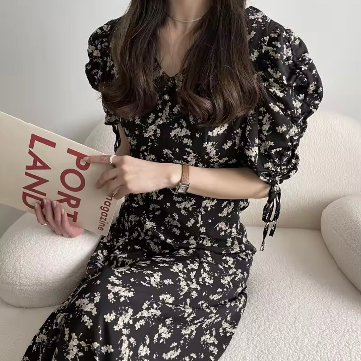 ギャザースリーブフラワーワンピース