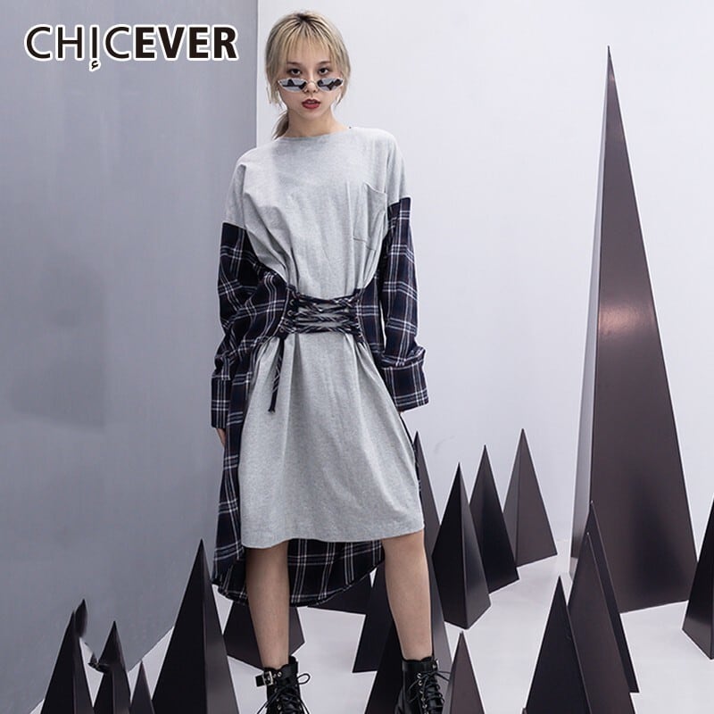 CHICEVERパッチワークチェック柄ドレス女性Oネック長袖レースアップ非対称裾ドレス服タイド ロング 6base54790590477