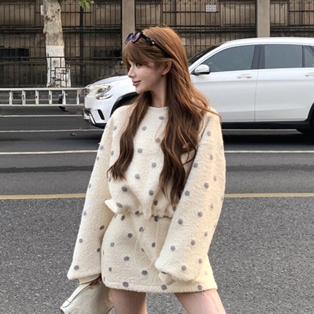 セットアップ トップス+スカート ドット柄 モコモコ素材 カジュアル S M L