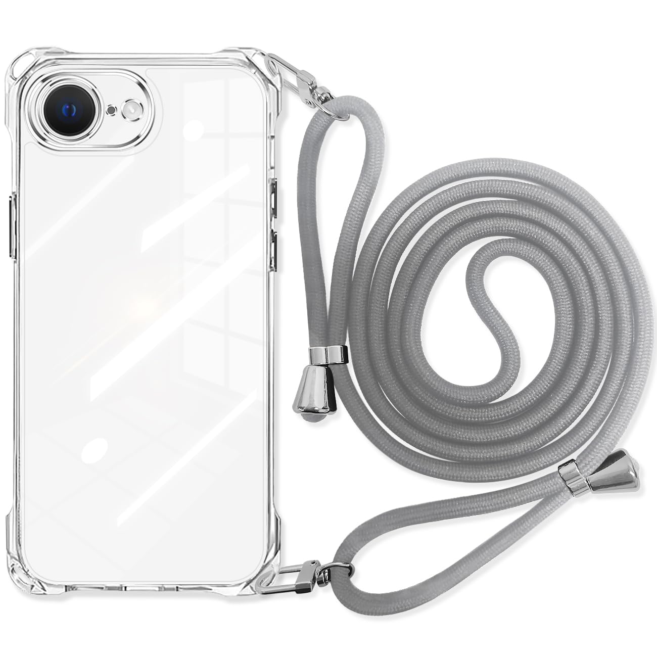 danliangqifei iPhone 17e/16e 用の ケース クリア 肩掛け斜めかけ 首掛け縄掛け アイフォン17e スマホケース ショルダー 透明 バンパーカバー 耐衝撃 ワイヤレス充電対応 斜めがけ 縄掛け 長さ調整可能 薄型 落下防止 縦/横 紛失防止 いPhone16e カバー 可愛い(グレー)