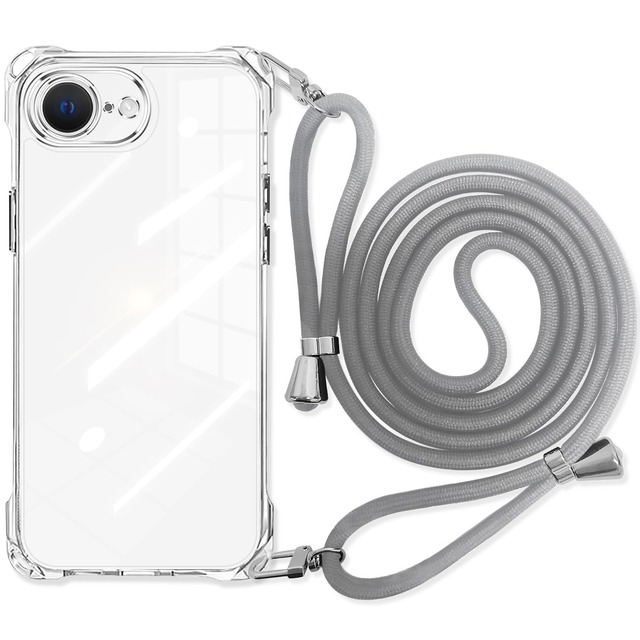 danliangqifei iPhone 17e/16e 用の ケース クリア 肩掛け斜めかけ 首掛け縄掛け アイフォン17e スマホケース ショルダー 透明 バンパーカバー 耐衝撃 ワイヤレス充電対応 斜めがけ 縄掛け 長さ調整可能 薄型 落下防止 縦/横 紛失防止 いPhone16e カバー 可愛い(グレー)