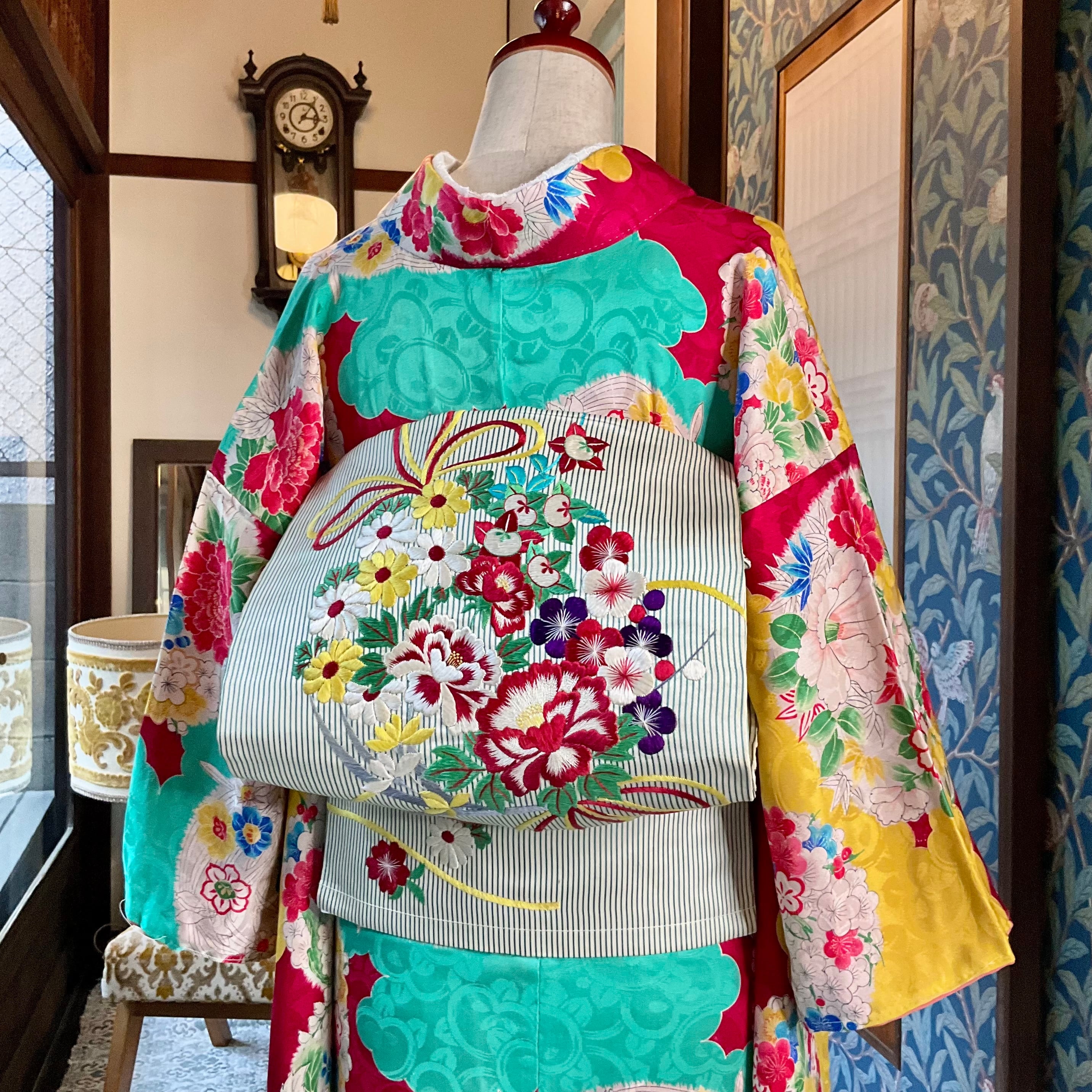 アンティーク帯 刺繍 花薬玉 はする アンティーク帯 刺繍 花薬玉 はする