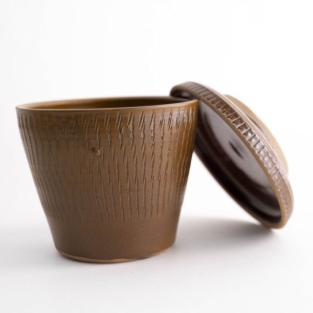 小鹿田焼 - 4寸皿付き植木鉢 飛び鉋 - 茶