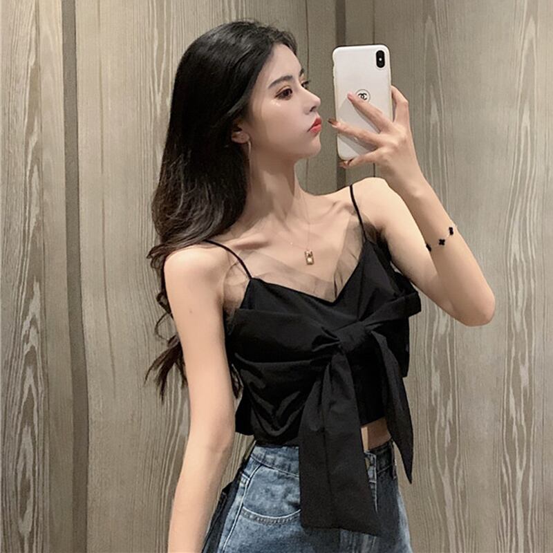 ブラックサマーノースリーブトップス リボン 夏物 ドラファッションホール12763733454