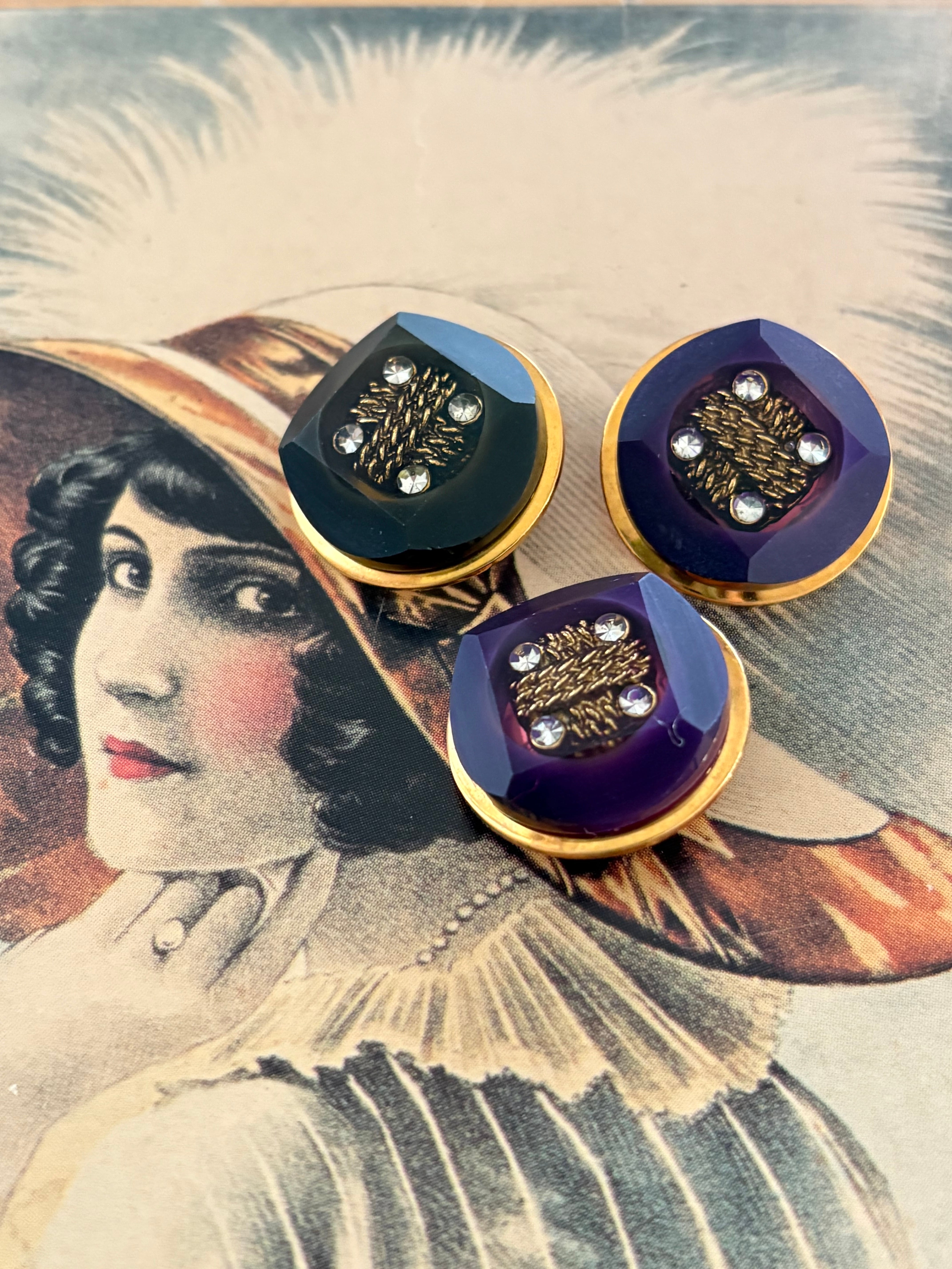 Japanese Vintage ボタンパープル/ブラック メタル×カボション 17mm 昭和レトロ アクセサリーパーツ 装飾材 カルトナージュ