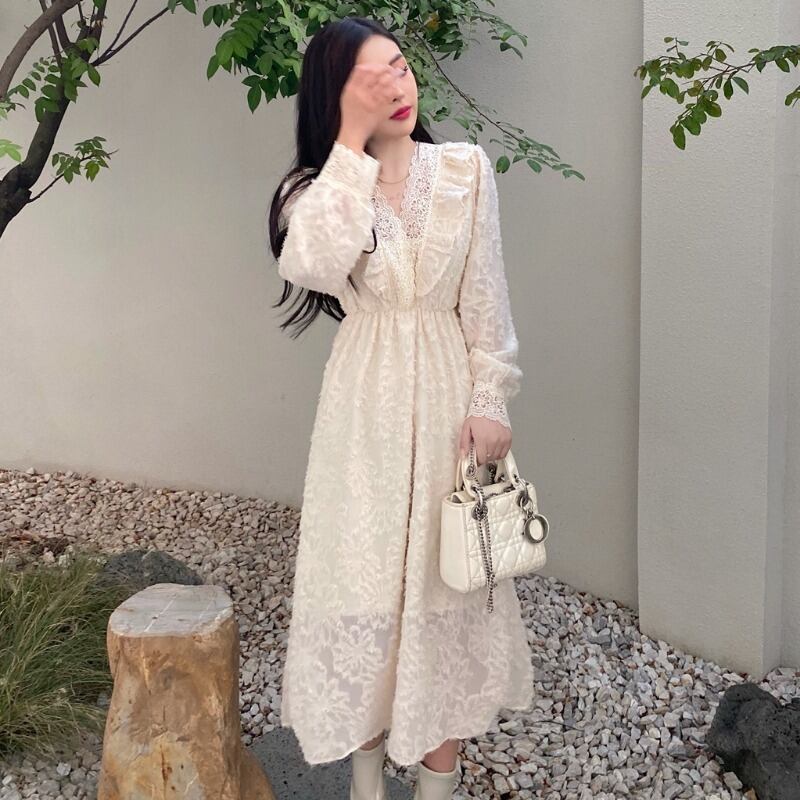 スプリングドレス スタンダードレースVネックジャカードウェストAラインロングスカート レトロ 春物 1号婦人91397946139