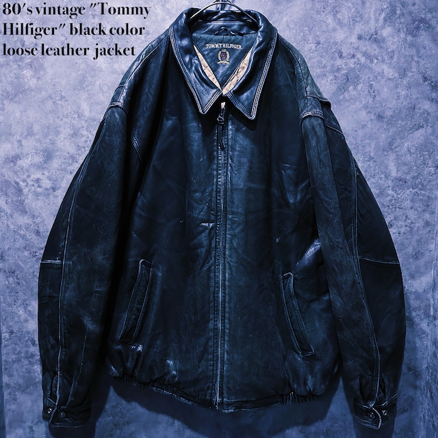 【doppio】80's vintage "Tommy Hilfiger" black color loose leather  jacket