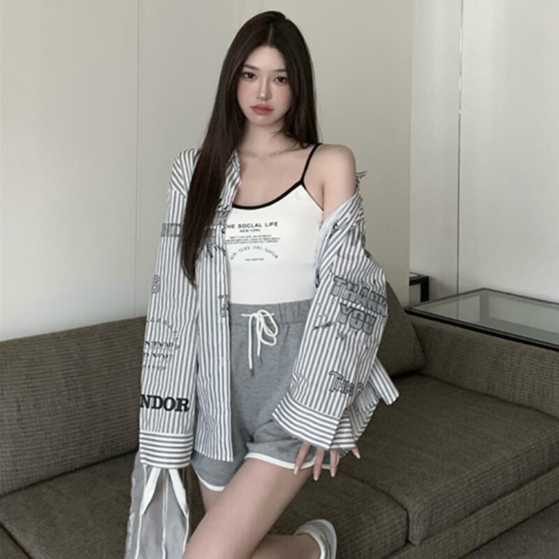スタイルルーズストライプシャツ ストレッチウェストカジュアルショーツ オータム エラスティック 伸縮 秋物 ブルマー ハンチェンe33761466711