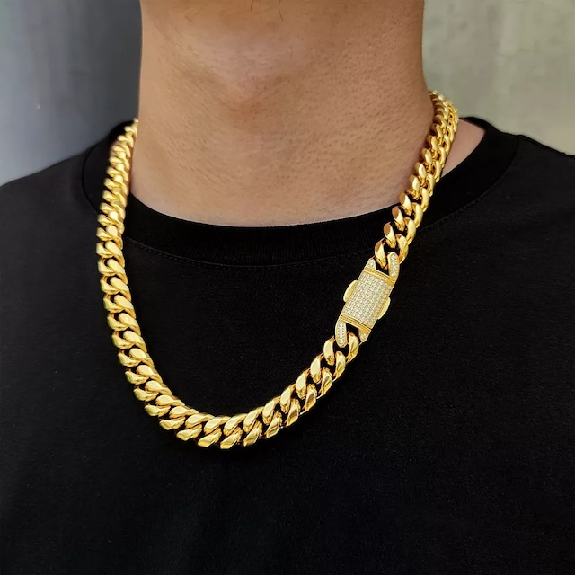 Iced Out Clasp Miami Chain Necklace 【GOLD】