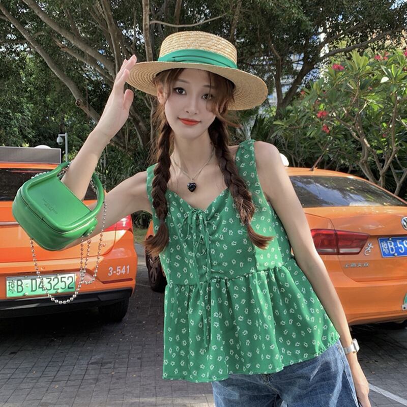 フローラルレディースサマーノースリーブショートトップス 大人ガーリー スウィート キュート カジュアル 夏物 花柄 スーパーモール29133186328