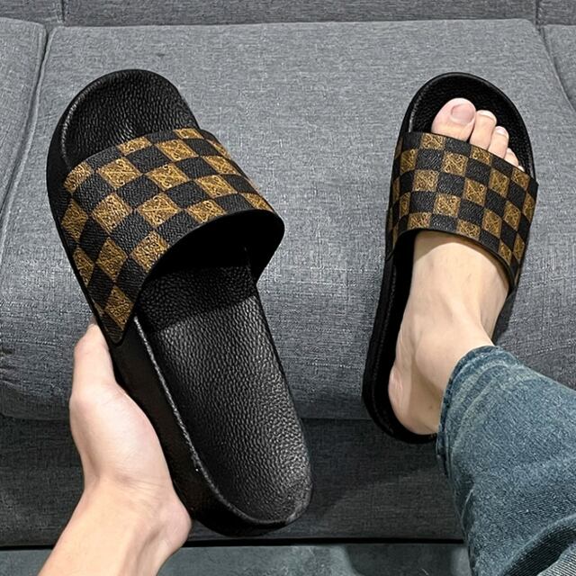 【予約販売】サンダル メンズ フラット スリッパ ブラウン/ブラック×ホワイト ブロック柄 カジュアル ビーチサンダル 靴 お洒落 ストリート 旅行 韓国 24.5cm/25cm/25.5cm/26cm/26.5cm/27cm/27.5cm