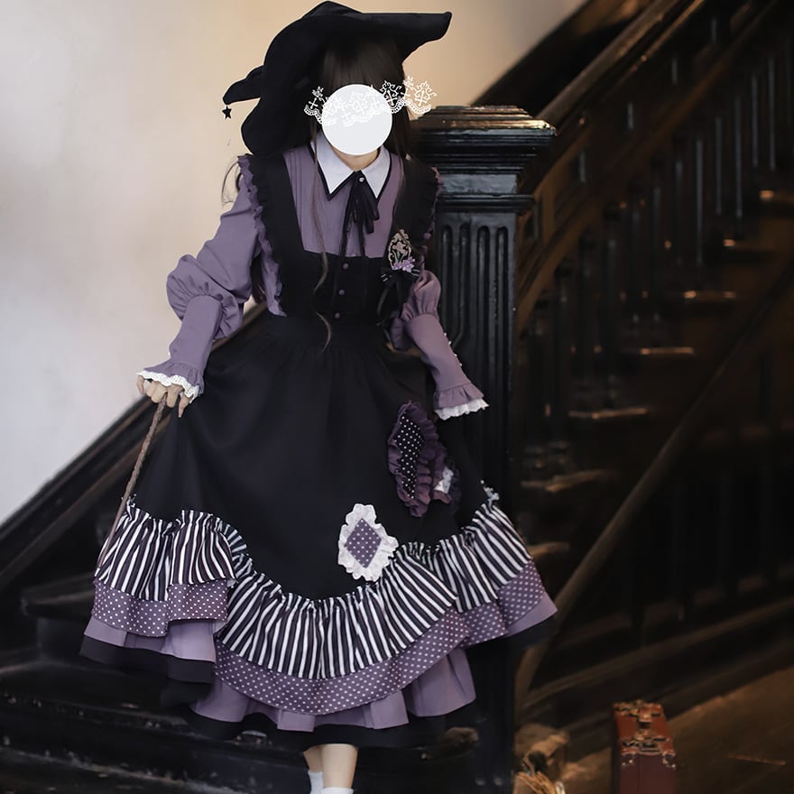 サブカル 服 地雷系 通販 クラロリ 魔女学院 ワンピース 長袖 お嬢様コーデ パープル ピンタック フリル かわいい 秋冬服 量産型 ガーリー