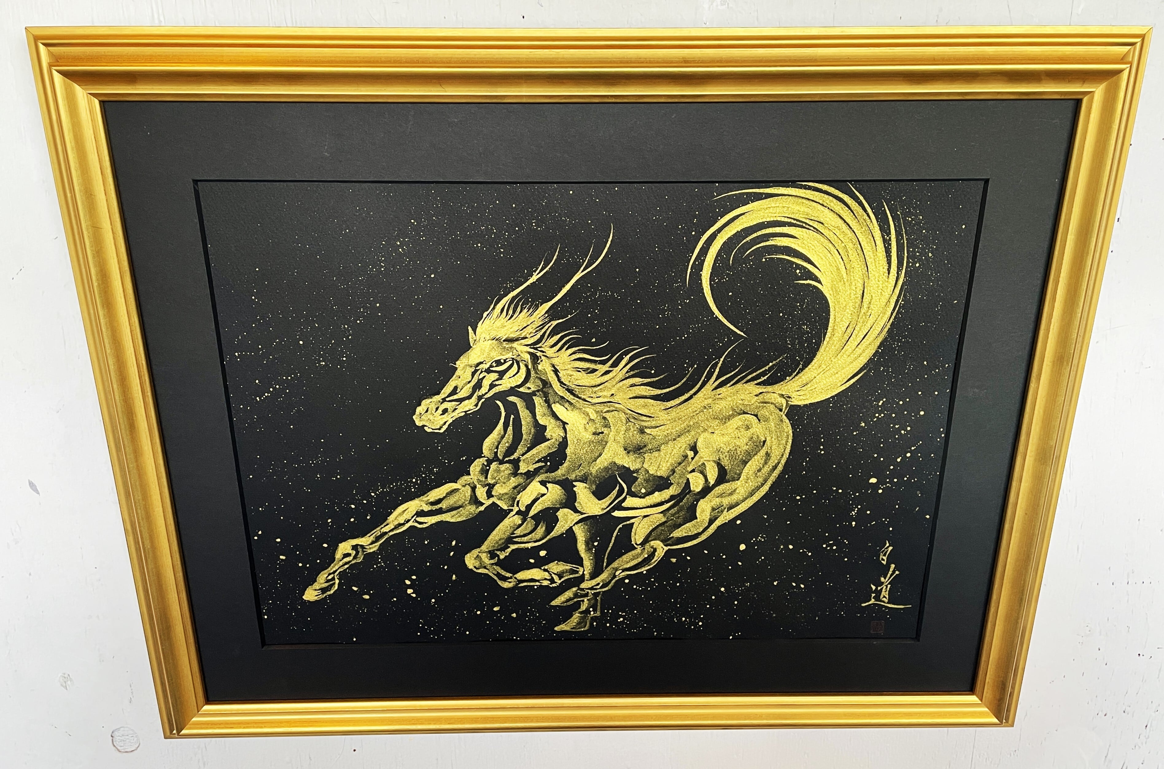 現代水墨画家 絵師白道 「龍馬」（黒金） 直筆作品 証明書カード付 龍