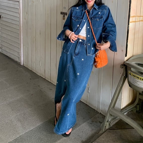 Vintage Denim Star Design Jacket Skirt*S-25
