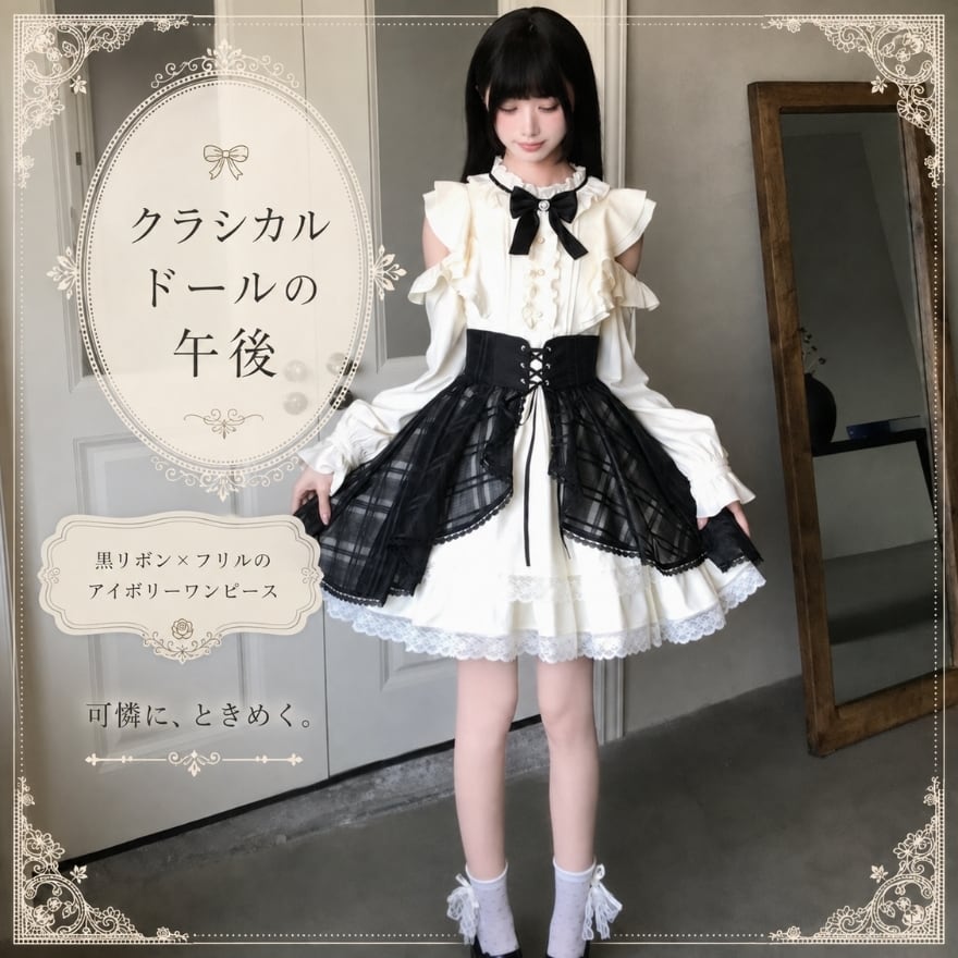 黒リボンのクラシカルドール フリルブラウス風アイボリーワンピース