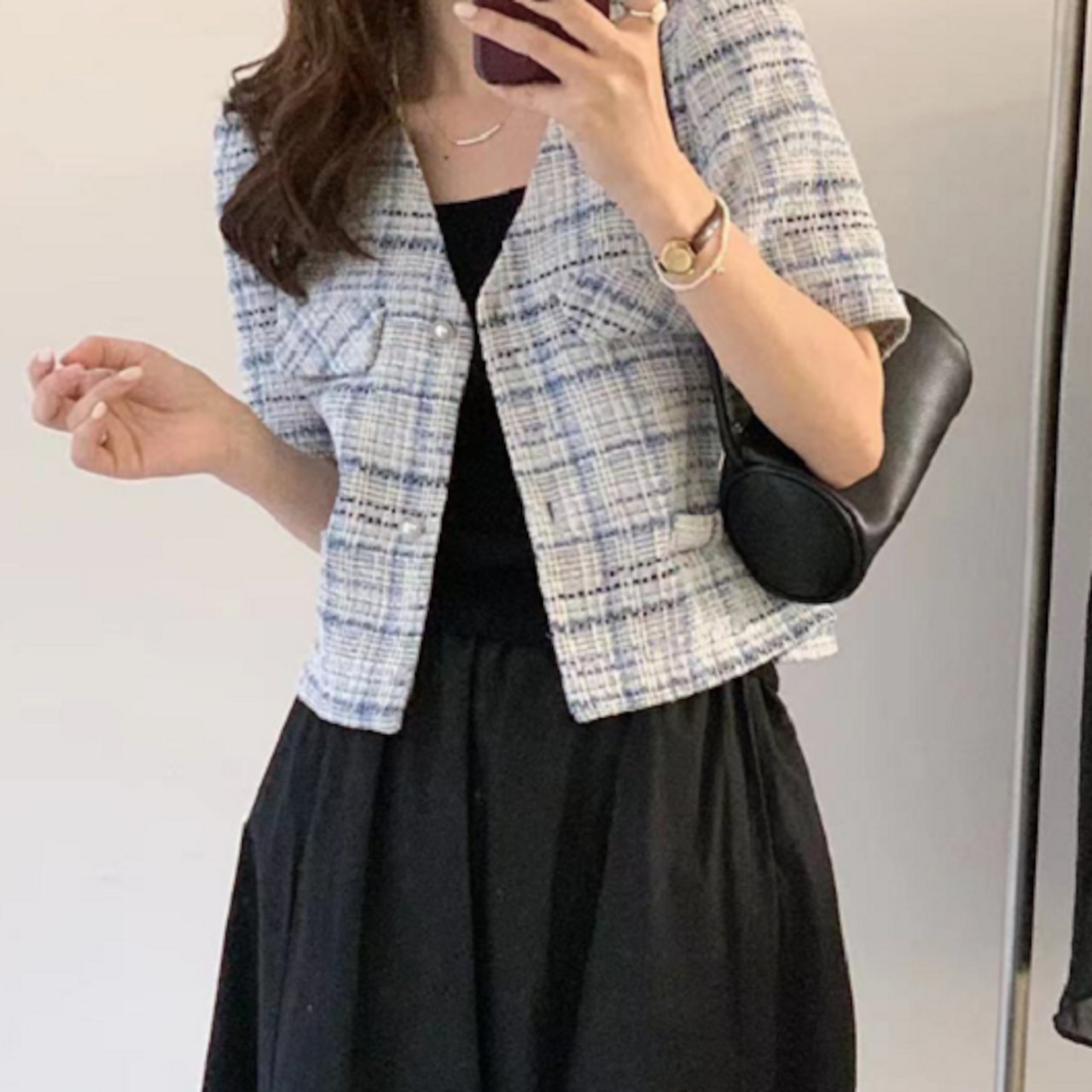 韓国 ノーカラー ミックス チェック ジャケット おしゃれ 可愛い ショート丈ジャケット レディース チェック柄 春 夏 秋