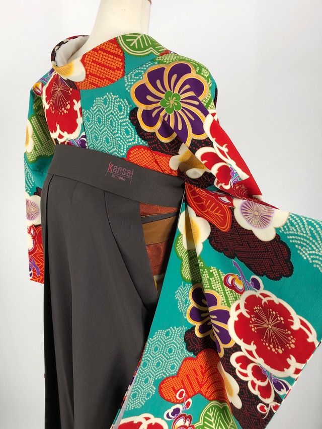 卒業式袴レンタル フルセット 青緑地ねじり梅疋田亀甲文 freeサイズ 004