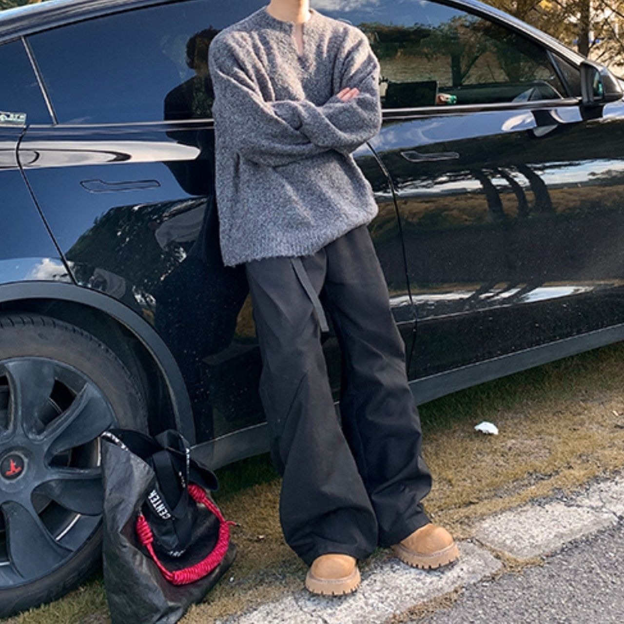 レトロVネックルーズシンプルニット　1081