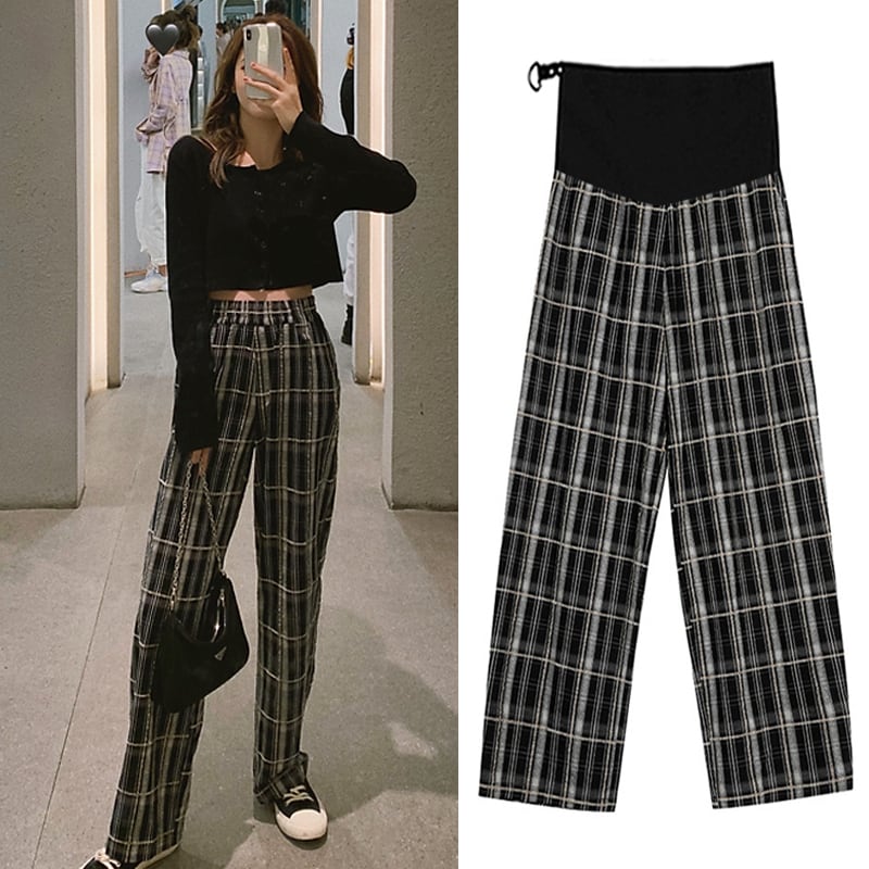 【新作】【送料無料】 567＃ヴィンテージチェック柄マタニティフルロングパンツアジャスタブルベリーストレートルーズウェア妊婦春妊娠 スプリング 春物 ビンテージ AL expec414210315469
