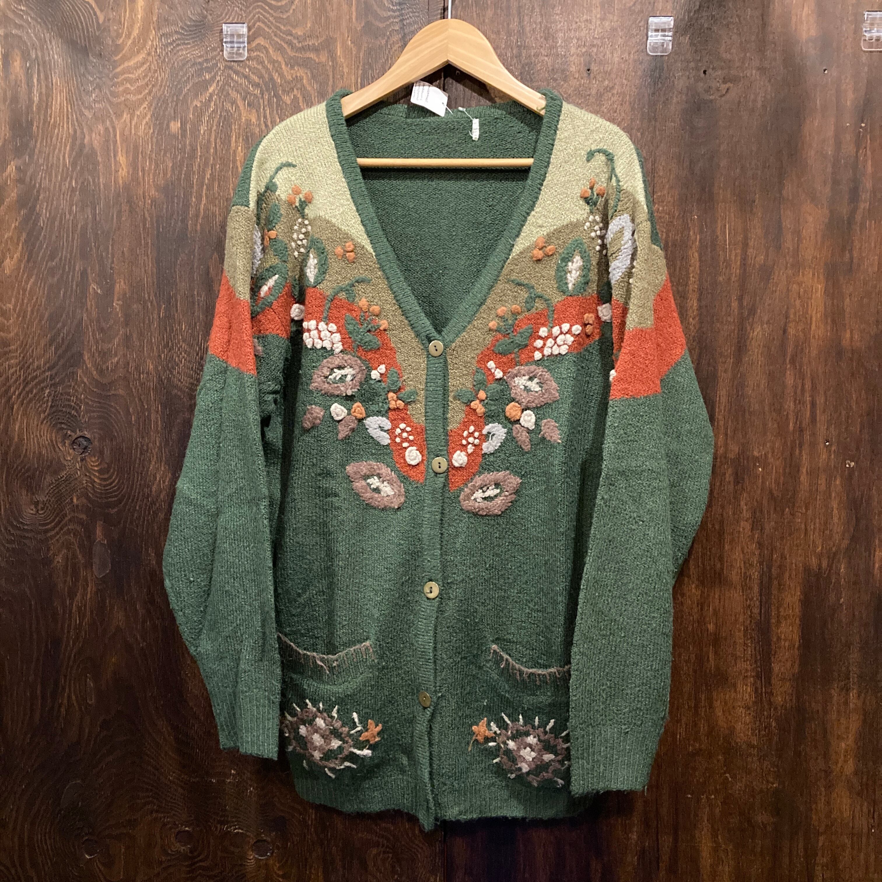 60s 70s USA古着 カラフル 花柄刺繍ニットカーディガン vintage アメリカ古着 花柄刺繍 カーディガン ニット 緑 80s ビンテージ古着