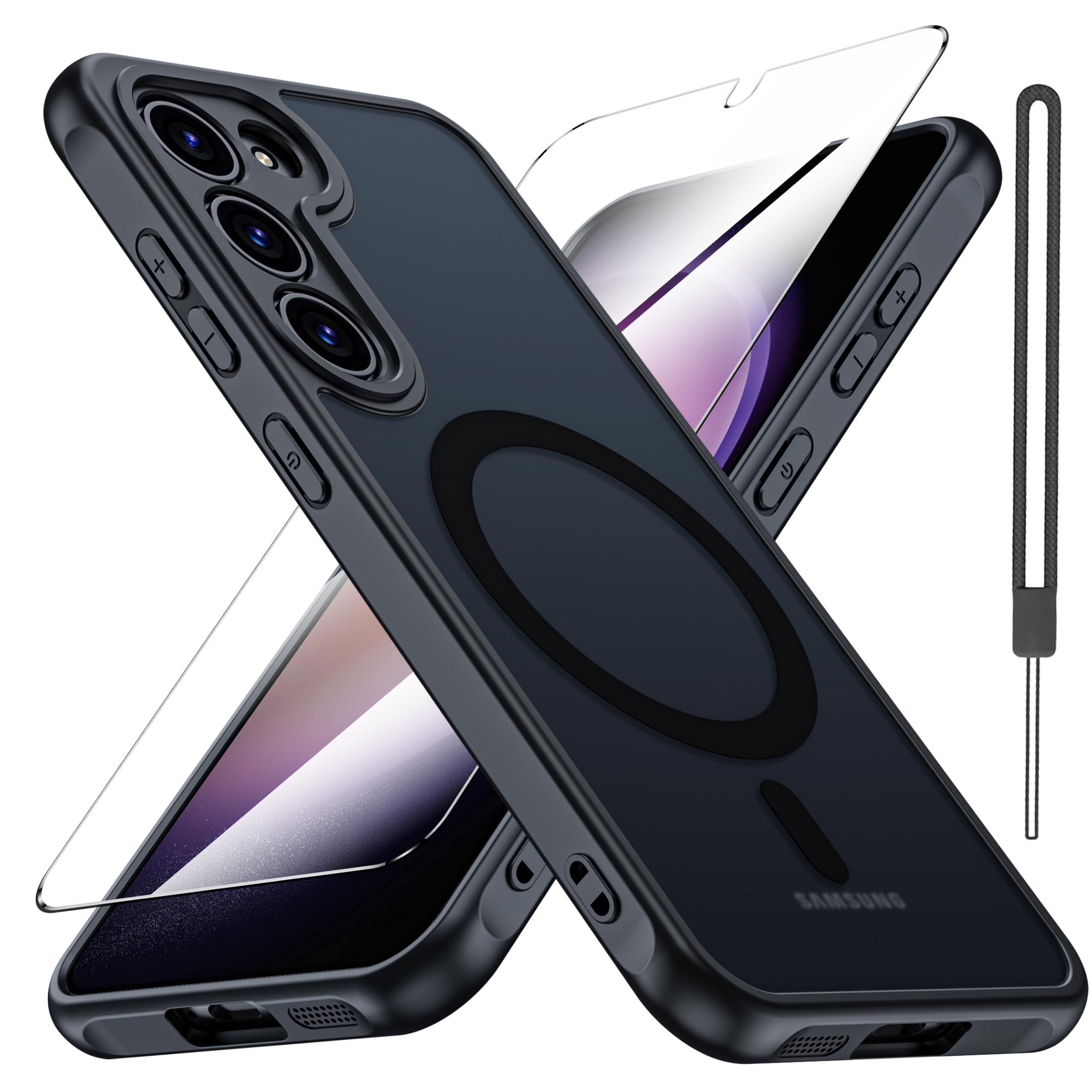 for Samsung Galaxy S23 Plus 用 ケース【強化フィルム付き・MagSafe対応】米軍MIL規格 耐衝撃 ストラップ付き マット質感 半透明 指紋防止・黄ばみ防止 ワイヤレス充電対応 ギャラクシー S23 Plus 用(ブラック)