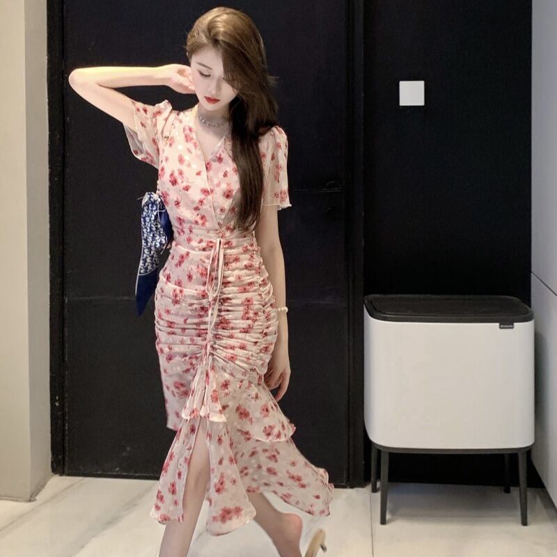 ミディスカート プリーツVネックスタイルフローラルドレス 花柄 ハンチェンe98143182682