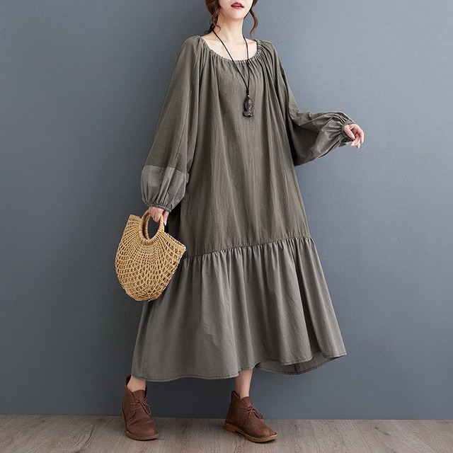 ASYMMETRIC LANTERN SLEEVES LOOSE LONG DRESS M-18159