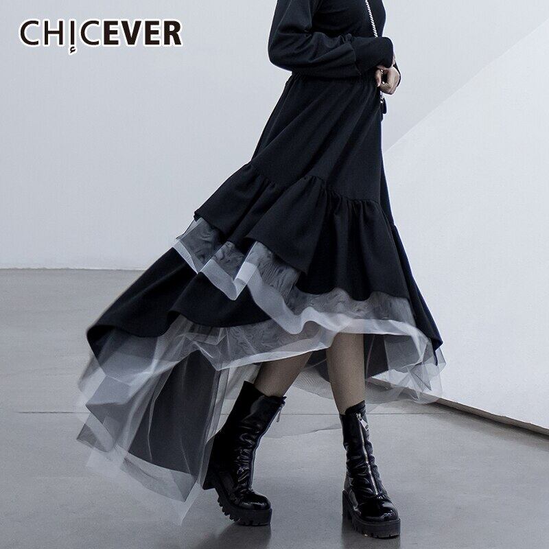 CHICEVERアシンメトリー裾スカートレディースウエストパッチワークメッシュルーズヒットカラープラスサイズスカート2021秋 大きめサイズ オータム 秋物 6base543199532427