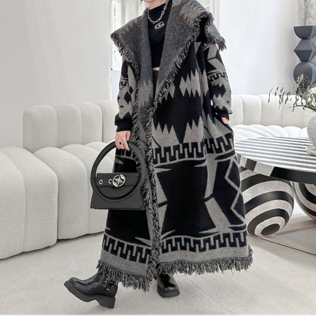 幾何学模様ビックカラーロングニットコート CO0158 | Style Sombre