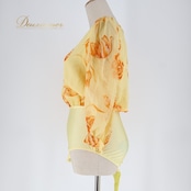 社交ダンス 衣装 トップス レオタード イエロー系 チャコット Chacott 花柄 伸縮 ストレッチ 練習 レッスン 黄 橙 日本製 かわいい シフォン 華やか ボタン 花 フラワー ダンス衣装 ステージ イベント オレンジ系