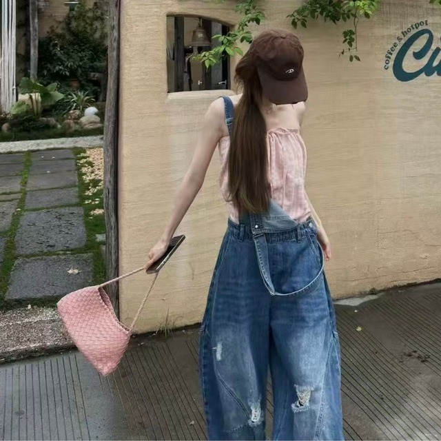 クラッシュポケットワイドラインデニムサロペット 1col R02555
